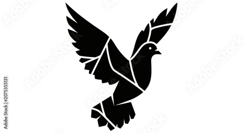 Minimalist geometric flying dove silhouette icon design.