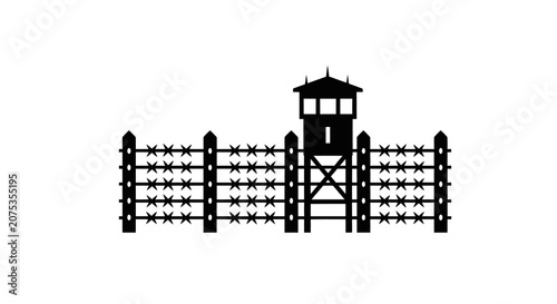 Black silhouette icon of a prison guard tower with barbed wire fence.