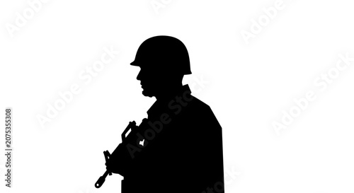Silhouette of a soldier standing guard with a rifle.