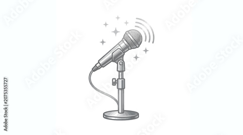 Retro Microphone on Stand with Sound Waves and Sparkles - Vintage Audio Equipment