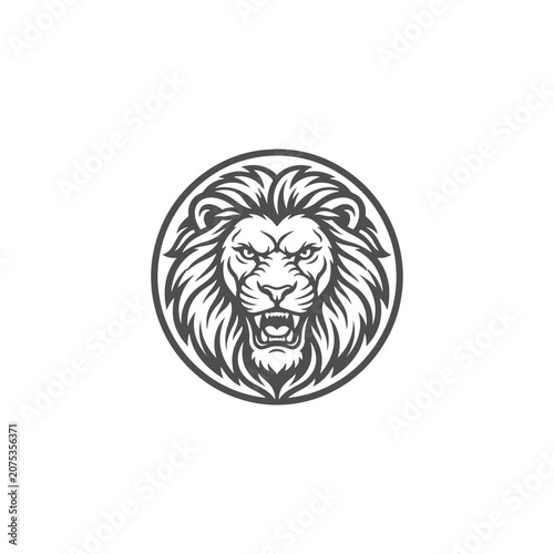 Fierce Lion Head Mascot Logo in Circular Badge Monochrome Vector Illustration