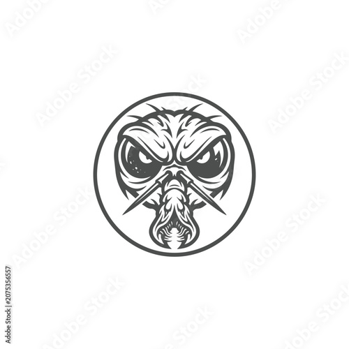 Angry Mosquito Mascot Logo in Circular Badge Monochrome Vector Illustration
