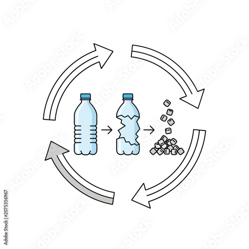 Plastic Bottle Recycling Process Icon Showing Whole, Crushed Bottles, and Pellets with Arrows, Isolated White Background.