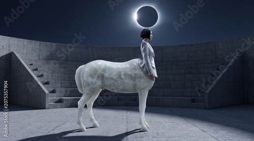Woman with Surreal Centaur Body Under Eclipse