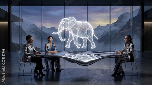 Business Team Meeting with Neon Elephant Hologram
