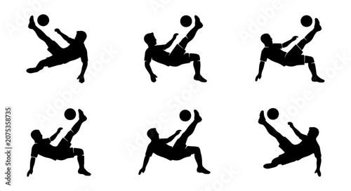 Konstfotografi Soccer player silhouette set performing bicycle kicks, collection of 6 football