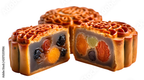 Traditional Chinese mooncake with fruit and nut filling isolated on transparent background