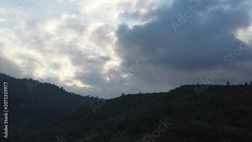 Lam Dong, Vietnam June 2026 beauty aerrial video of sunrise over the mountains at Da Huoi, Bao Loc during early morning