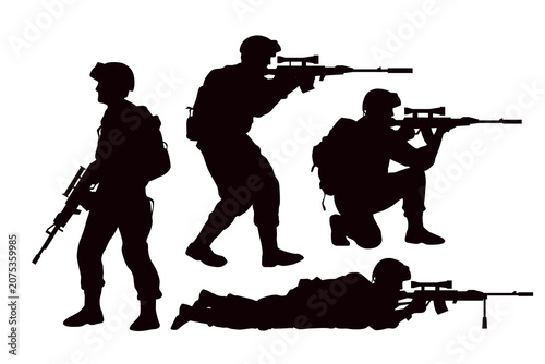 Silhouettes of soldiers in various combat positions