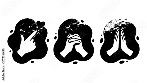 Obraz na płótnie Three black grunge style icons depicting love and prayer hand gestures with spir