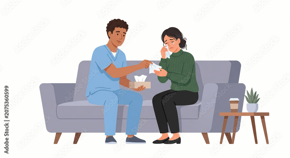 Obraz premium Empathetic nurse comforting distressed female patient in hospital counseling room