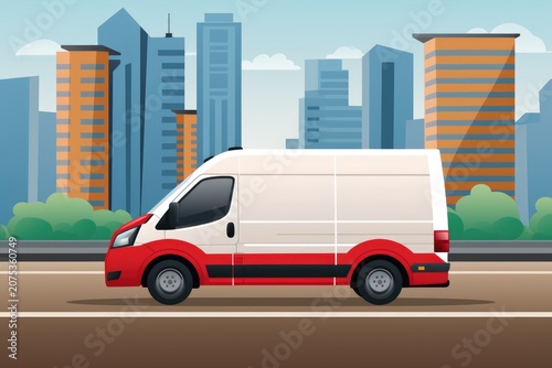Cartoon delivery van driving on a road with modern city skyline and buildings in the background