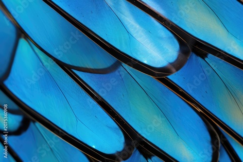 Close up abstract pattern of blue butterfly wing with dark veins and shimmering texture