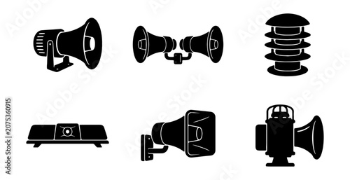 Фотография Industrial siren and loudspeaker icons, set of 6 black emergency alarm vector si