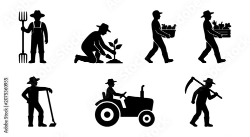 Quadro su tela Farmer silhouette icons set, agricultural worker character collection, black far