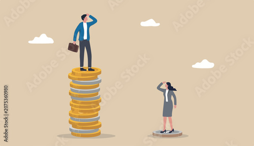 Gender pay gap, inequality between man and woman wage, salary or income, issue about gender us diversification concept, businessman standing much more paid money coins, woman on less small income coin
