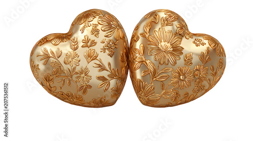 Two golden hearts with floral engraving isolated on transparent background