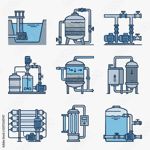 Foto Industrial water treatment equipment and systems illustrations.