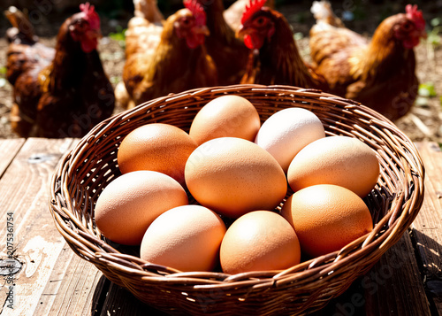 A wicker basket with fresh farm eggs on a wooden table with chickens grazing in the background
