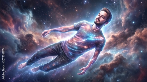 Levitating man with cosmic patterns on skin and clothing floating through deep space nebula. Peaceful young adult experiencing spiritual connection with the universe