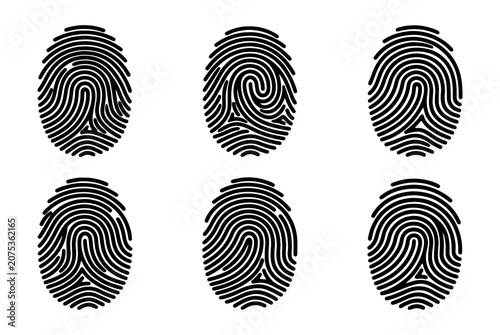 Bild auf Leinwand Biometric fingerprint icons set, black human thumbprint patterns for security an