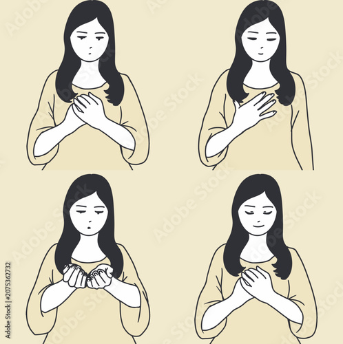 Woman Different Facial Expressions and Hand Gestures. Ideal for emotion concepts, social media content, educational materials, psychology themes, communication design, wellness campaigns, etc