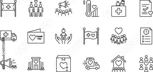 Charity and humanitarian aid line icons set vector illustration