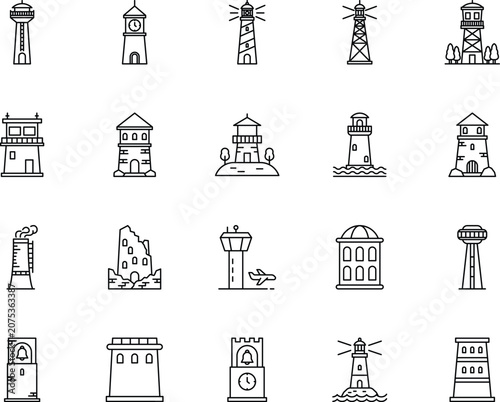 Lighthouse and watchtower line icons set vector illustration