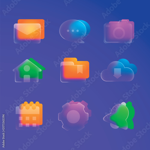 Set of colorful glassmorphism UI icons for digital applications and web interfaces with glassmorphism interface application graphics translucent software collection navigation calendar