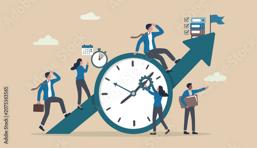 Time management, effort efficiency boost, productivity finish project teamwork planning, multitasking finish work within deadline concept, business people riding clock up rising arrow