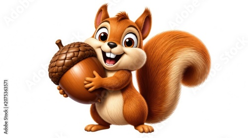 Cute squirrel character happily holding a large brown acorn.