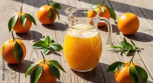 Orange Juice Pitcher Surrounded by Fresh Oranges on Wooden Table