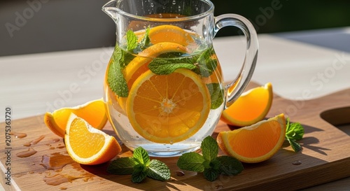 Orange Slices Infusing Refreshing Water in Clear Pitcher with Mint