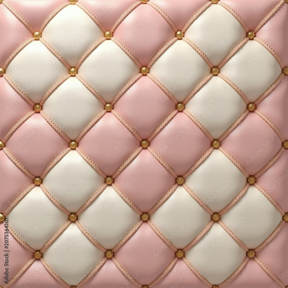 Fototapeta premium Soft pink and white tufted upholstery features gold studs and decorative trim. Luxurious quilted fabric creates elegant diamond pattern. Detailed texture.
