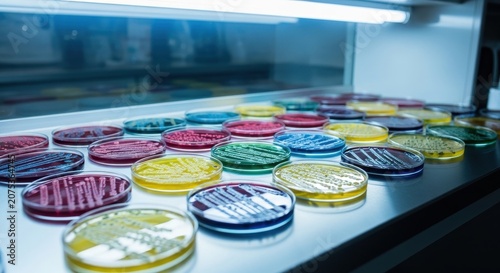 Petri Dishes Display Colorful Bacterial Cultures in Laboratory Setting