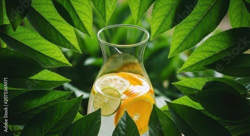 Refreshing Citrus Drink with Lemon and Orange Surrounded by Leaves