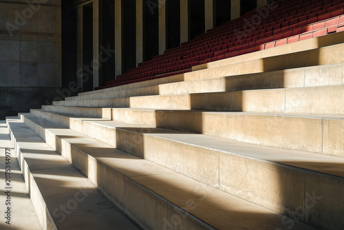 Wide low-angle of stadium steps leading up into seating, dramatic shadows, architectural minimalism.