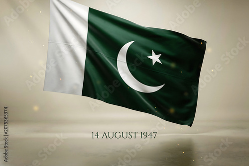 A gently waving national flag of Pakistan is prominently displayed featuring its iconic white vertical stripe and a white crescent moon and star accompanied by the significant date 14 August 1947