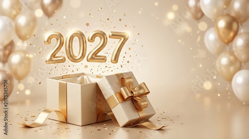 Celebration Elegant Golden Gift Box and Balloons Festive Background
