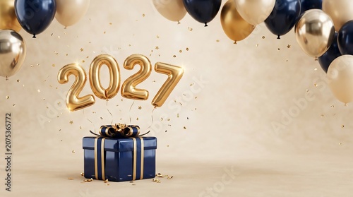 Celebration Luxury Gift Box with Balloons Minimal Beige Background