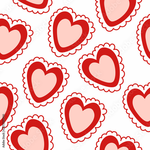 Beautiful Valentine red heart seamless pattern with layered pink centers and ruffled lace details