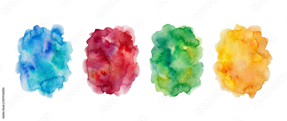 Obraz premium Four watercolor splotches are placed side by side on a clear background. Each splotch shows a different color blend, creating a simple yet vibrant display of colors