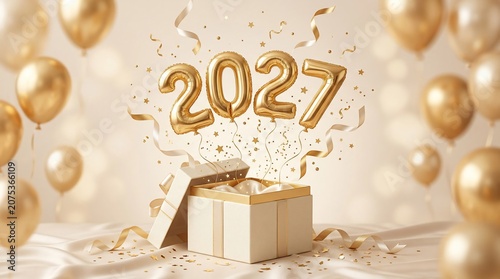 Luxury Festive Gift Box and Gold Balloon Celebration Background