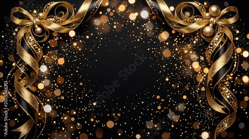 Luxury Gold Ribbon Frame on Black Background for Festive Invitations