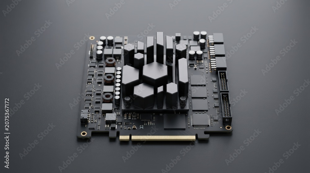Fototapeta premium High - end unmarked computing board with geometric heatsinks on dark surface
