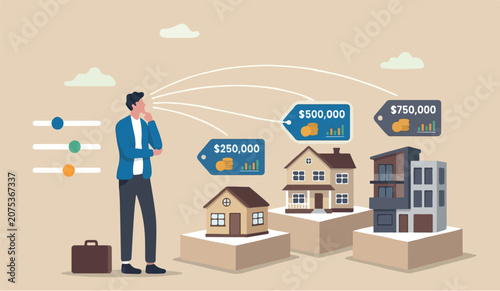 House mortgage data analysis affordability calculation, picking new home base on budget,to income or lifestyle concept, businessman hand wisely think to picking different variant houses with price tag