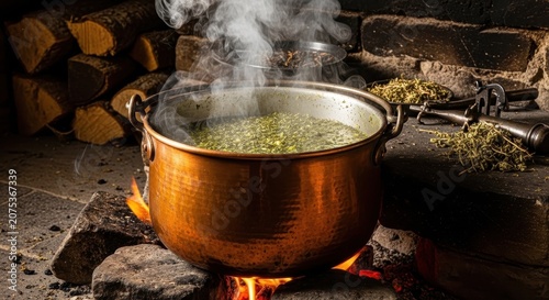 Soup Cooking in Traditional Pot Over Fire with Steam Rising