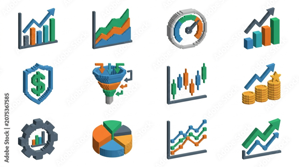 Fototapeta premium Collection of business and finance icons representing growth and data analysis.