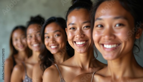 Group of young women smiling together. Diverse friends share happiness, togetherness in natural setting. Positive lifestyle portrait emphasizing community, connection. Beautiful smiles convey warmth,