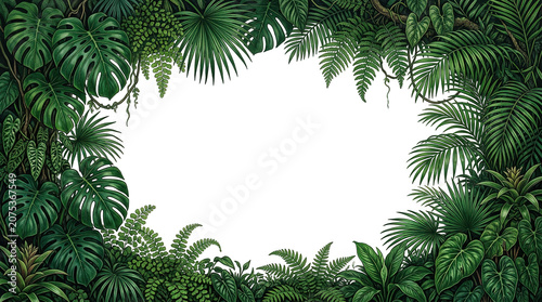 Tropical Jungle Frame Monstera Palm Fern Leaves Isolated Transparent Background PNG Foliage Rainforest Border Vine Bush Botanical Nature Greenery